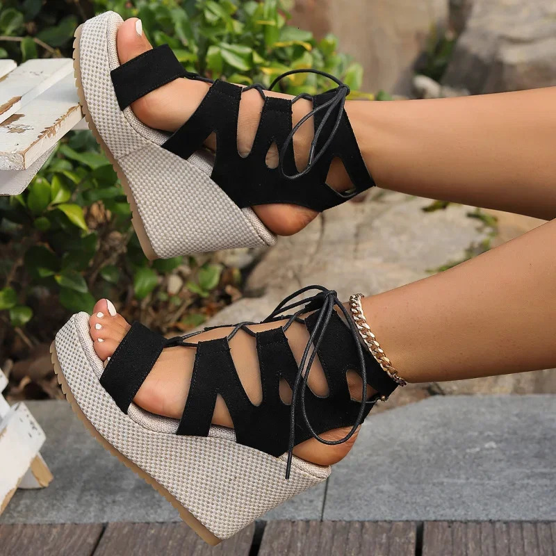 Womens high heels sandals lace up wedge platform sports and leisure beach slide summer walking pump Zapatillas De Mujer 250218