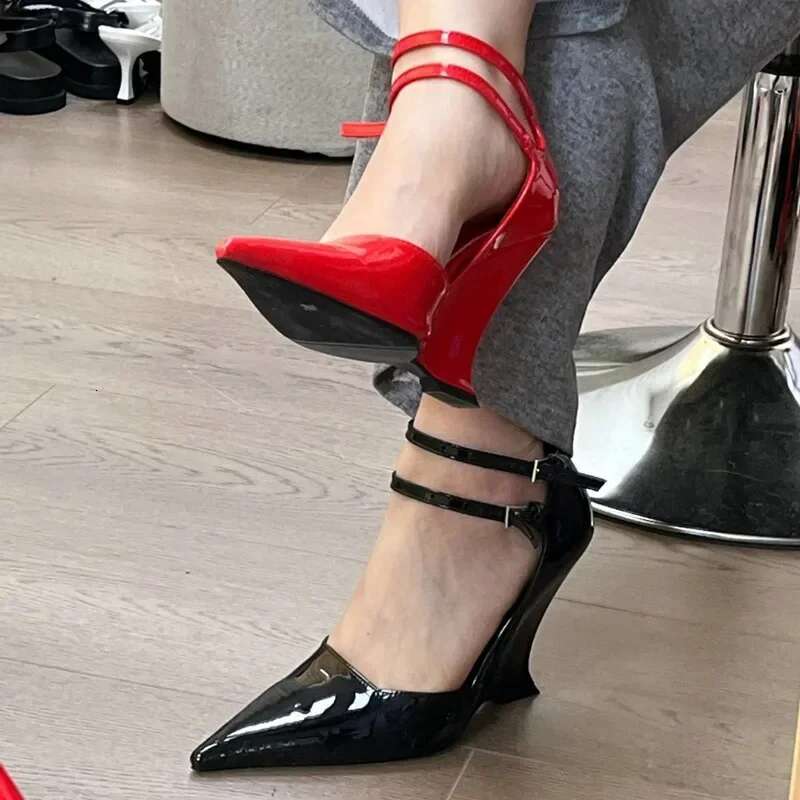 Elegant Red Patent Leather Wedges High Heels Women Sexy Pointed Toe Pumps Fashion Double Buckle Strap Ladies Party Dress Shoes