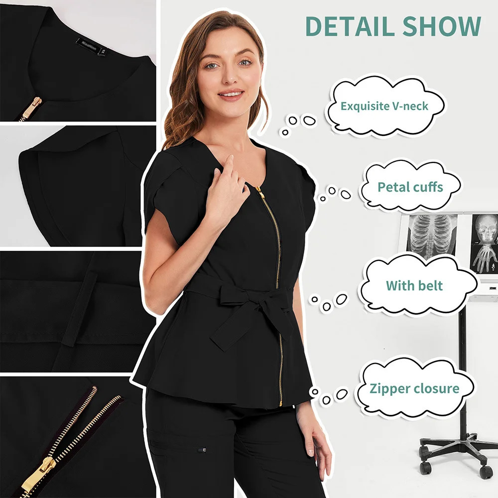 Korean Style Beauty Salon Work Clothes Operating Room Uniform Uniform Women Slim Belt Scrub Tops Clinical Work Blouse 250222