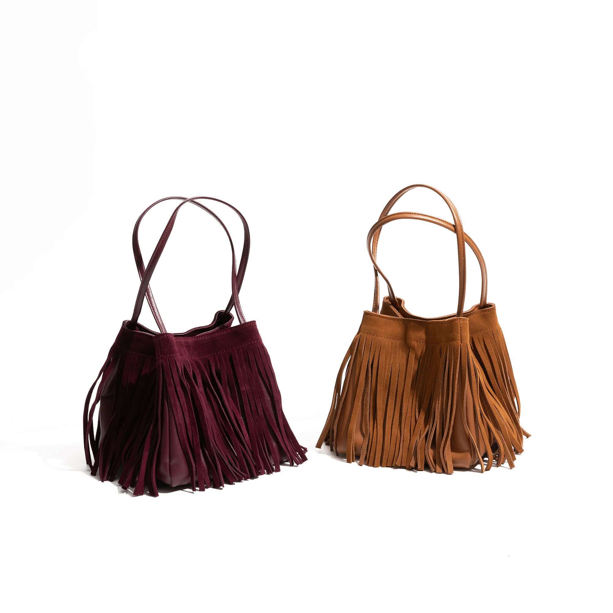 MABULA Retro Suede Genuine Leather Tassel Basket Handbag Design Removable Strap Stylish Shopping Ladies Shoulder Bag