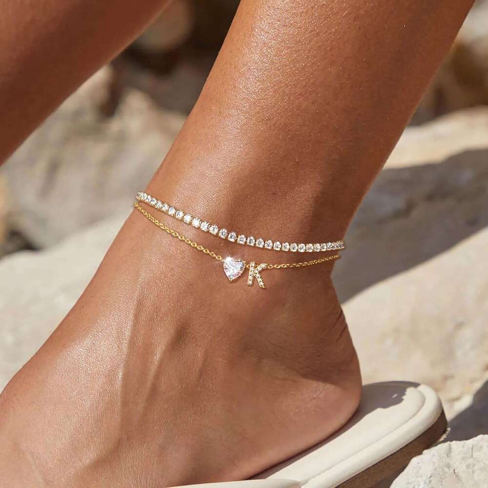 Initial Bracelets Waterproof 14K Gold Filled Layered Non Tarnish Women's Adjustable Letter Anklets for Women Large Ankle Summer Beach Foot Jewelr