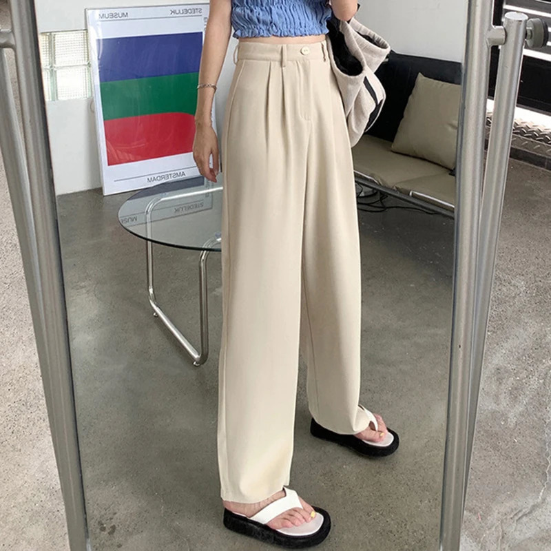 Womens Loose Straight Wide Leg Pants Basic AllMatch High Waist Suit Office Ladys Casual Elegant Trousers Summer Trend 250221