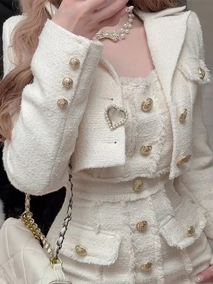 Coarse Tweed Woven Coat Jacket Skirt Two Piece Sets Vintage Elegant Short Overcoat Waist Cinching Slim Fit Women Wrap Hip Skirts 250222