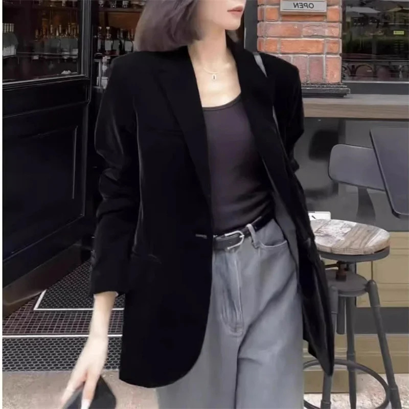 Autumn Black Velvet Womens Blazer Fashion Long Sleeve Single Button Casual Loose Temperament Suit Top Female Outerwear 250213