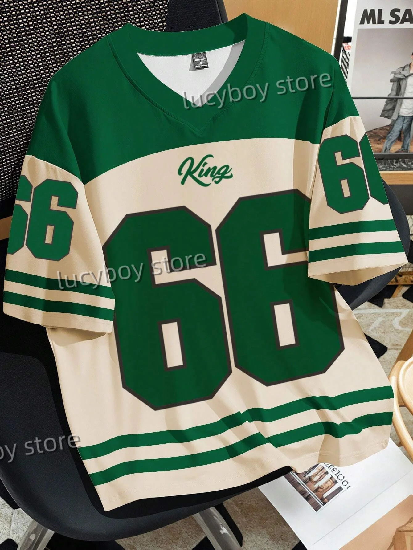 Mens Number 66 Letter KING Print T-Shirt Man Short Sleeve Sportwear Football T-Shirt Vintage Oversize Striped Tees Men Clothes 250222