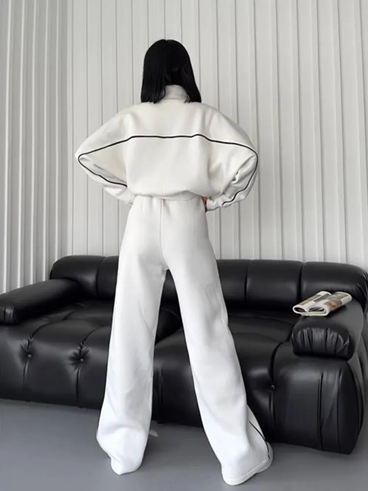 A456 Women's 3D Sier Long Sleeve Semi-High Neck Jackets Sweater Sports Striped Pants Leisure Suit