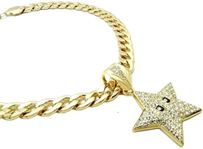 Hip Hop Iced Out Mario Star Gold Pendant Real Dia Necklace & 11mm 18" Cuban Chain for Your Boyfriend