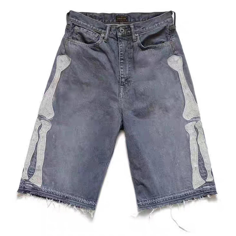 Men Vintage Bone Blue Denim Shorts Summer Casual Loose Jeans Shorts Retro Harajuku Streetwear Hip Hop Y2K Shorts Man y2k pants 250222