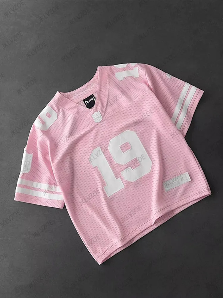Summer Women Football Jerseys Y2k Casual Loose V-Neck T-Shirts Harajuku Short Sleeve Streetwear Breathable Unisex Tops 250222