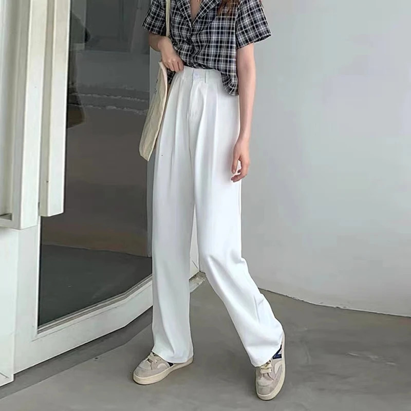 Womens Loose Straight Wide Leg Pants Basic AllMatch High Waist Suit Office Ladys Casual Elegant Trousers Summer Trend 250221