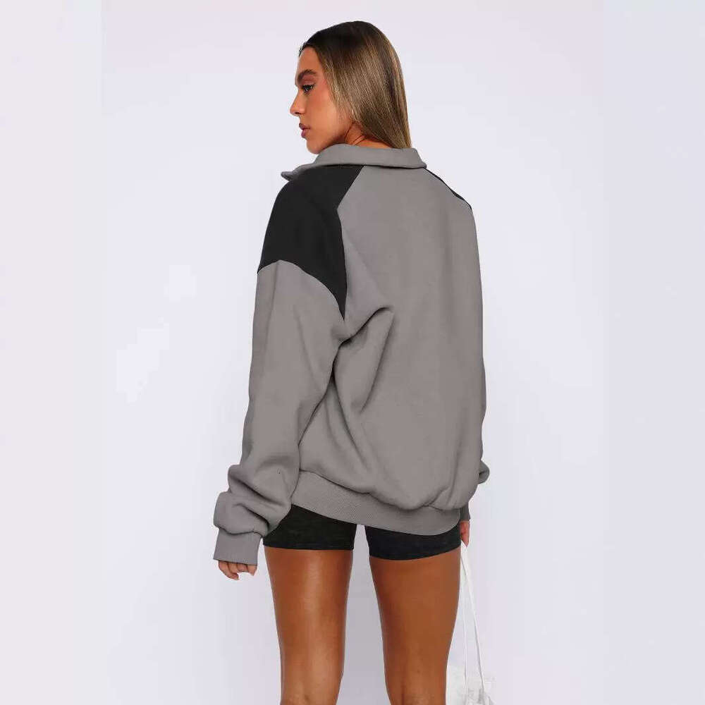 Women's American hoodie, women's spring fashion trendy polo shirt, contrasting color zipper baseball jacket