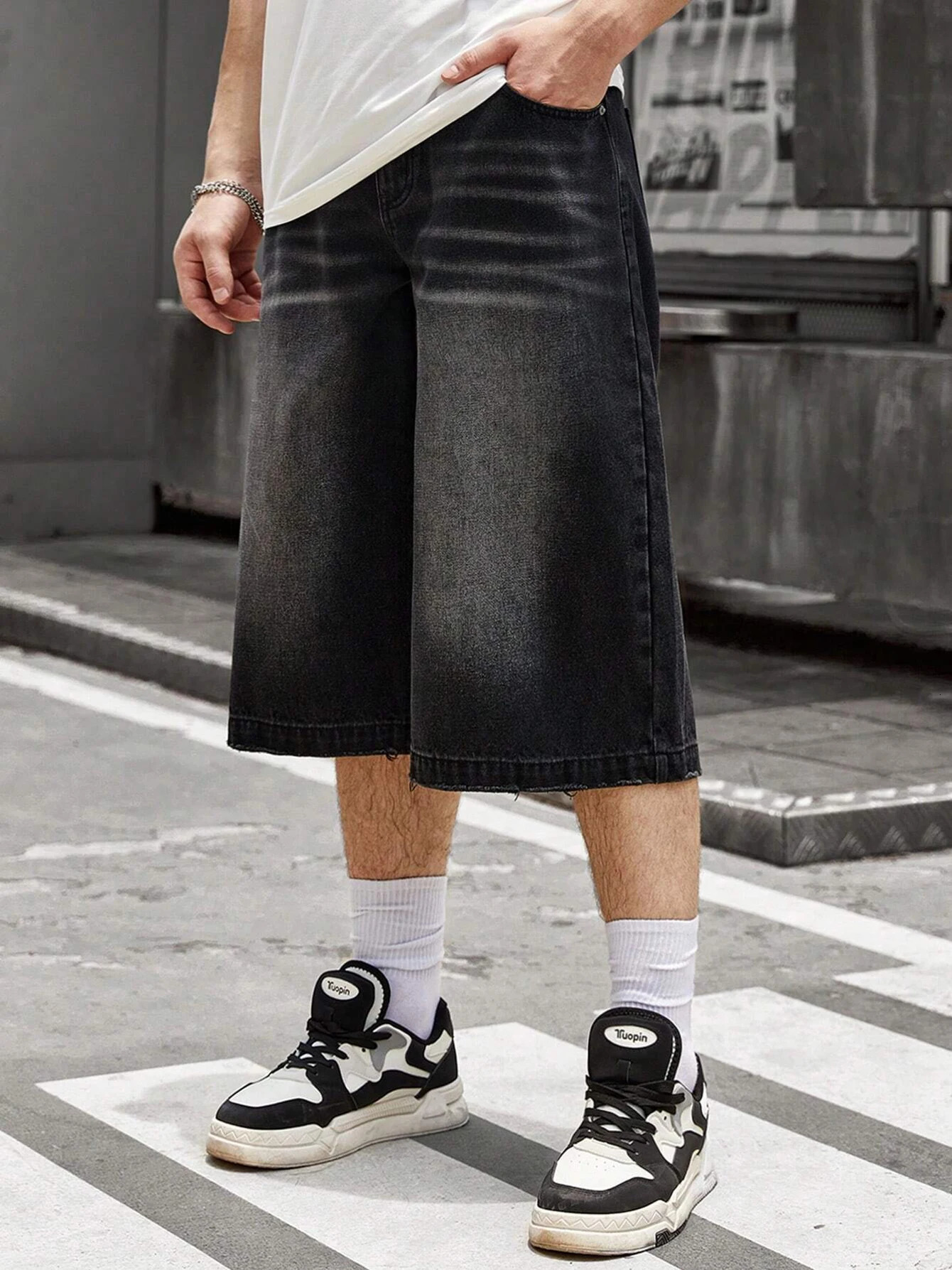 ReddaChic Men Streetwear Baggy Jorts Low Waist Cropped Black Jeans Distressed Y2k Casual Wide Pants Denim Shorts Male Trousers 250222
