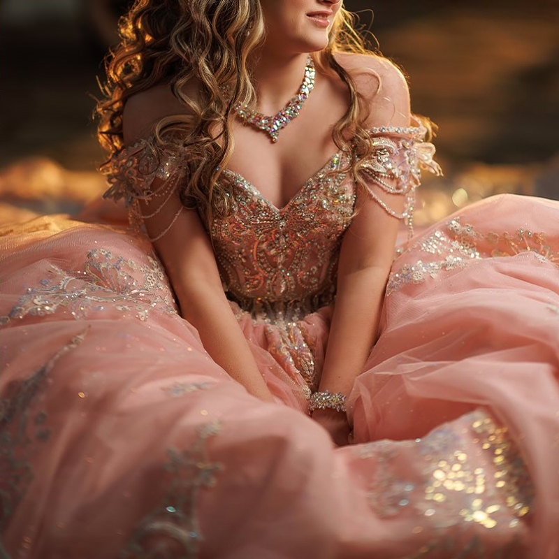 Pink Shiny Quinceanera Dresses Ball Gown Off Shoulder Appliques Lace Bow Beading Crystal Tull Corset Sweet 16 Dress Vestidos 15 de anos