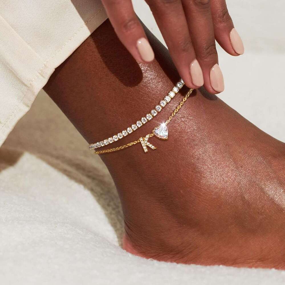 Initial Bracelets Waterproof 14K Gold Filled Layered Non Tarnish Women's Adjustable Letter Anklets for Women Large Ankle Summer Beach Foot Jewelr