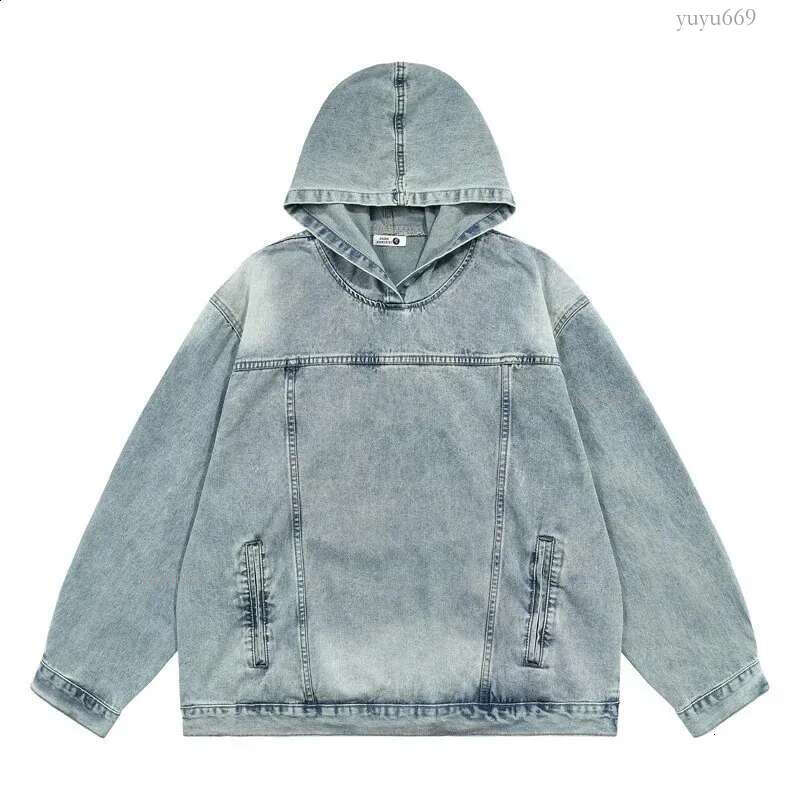 Vintage American Style High Street Distressed Denim Hooded Pullover Unique Sweatshirt Loose Fit Versatile Top For Men Women 240902
