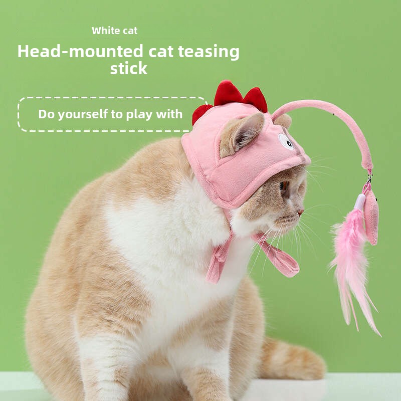 Head Mounted Cat Teaser Wand with Durable Biting Resistant Feather Toy