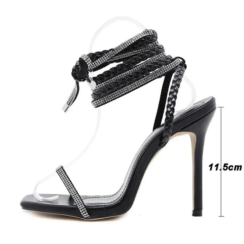Summer Woman Shoes High Heels Sexy Leather Gladiator Sandals Fashion Black Ankle Strap Crystal Open Toe Shoes Sandals 250218