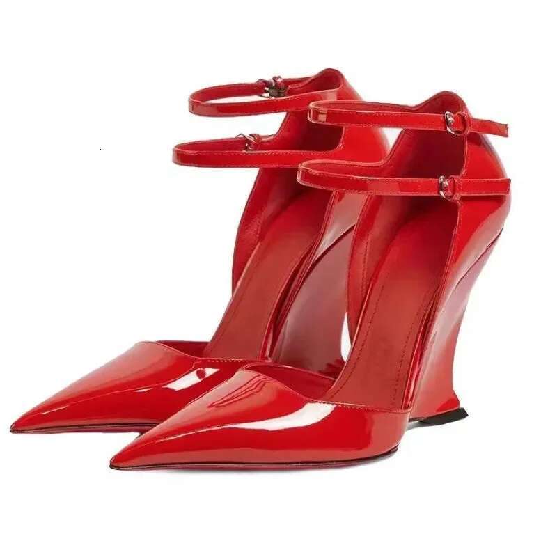 Elegant Red Patent Leather Wedges High Heels Women Sexy Pointed Toe Pumps Fashion Double Buckle Strap Ladies Party Dress Shoes