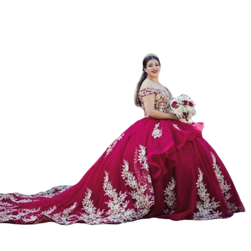 2025 Luxurious Burgundy Quinceanera Dress Ball Gown Gold Floral Lace Appliques Beading Tiered Sweet 16 Gown Vestido De 15 Anos Ruffle Off Shoulder Pro