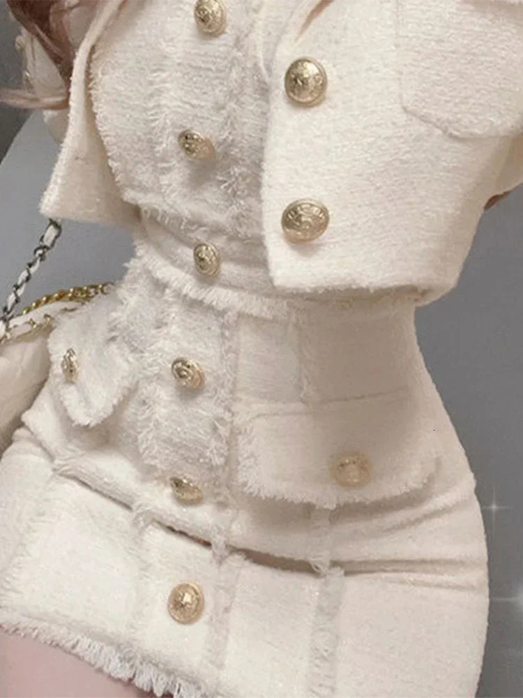 Coarse Tweed Woven Coat Jacket Skirt Two Piece Sets Vintage Elegant Short Overcoat Waist Cinching Slim Fit Women Wrap Hip Skirts 250222