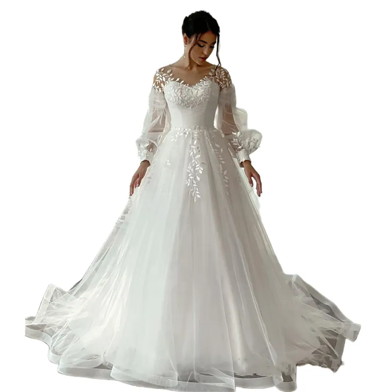 Modest Long Sleeves A-line Wedding Dresses Jewel neck Classic Lace Appliques Women Formal Brides Dress Elegant Tulle Long Bridal Gowns Boho Robe De Ma