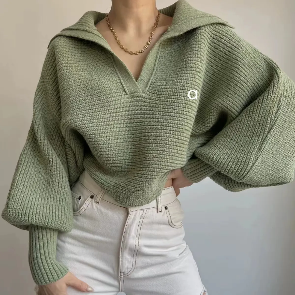 21138 Women Pullover Fiess Autumn Sweater Woolen Knit Outdoor Jogging Loose Womens Long Sleeve Sweatshirts Turn-Down Collar