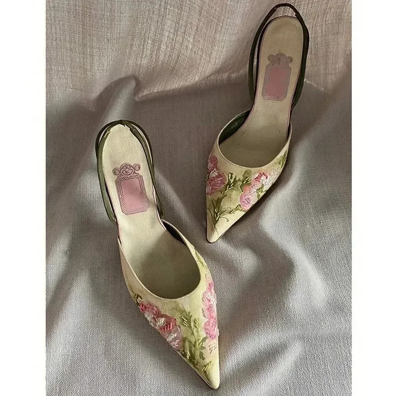 Embroidered High Heel Sandals Women Elegant Slingback Sandals Summer Pointed Toe Pumps Dress Shoes Women Zapatos De Mujer 250222