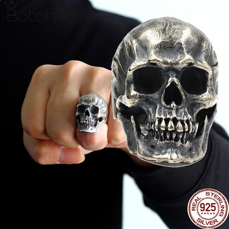 Mens Heavy Duty Punk Skull Ring Real 925 Sterling Silver Jewelry Motorcycle Bike Ring Skull Finger Band 250218