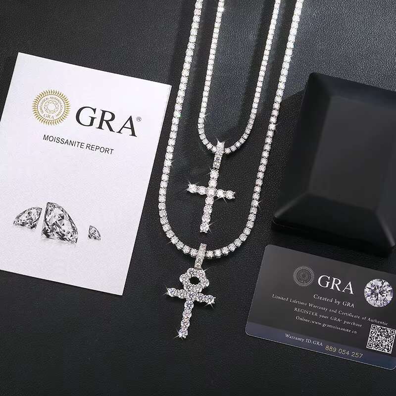 Pass Tester Sterg Sier VVS Moissanite Dia Ankh Cross Pendant 4mm Tennis Chain Necklace Jewelry Set