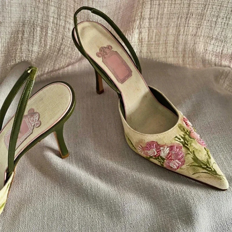 Embroidered High Heel Sandals Women Elegant Slingback Sandals Summer Pointed Toe Pumps Dress Shoes Women Zapatos De Mujer 250222