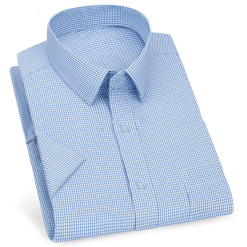 Mens Business Casual Short Sleeve Shirt Classic Plaid Striped Checked Male Social Dress Shirts Purple Blue 5XL Plus Large Size 250222