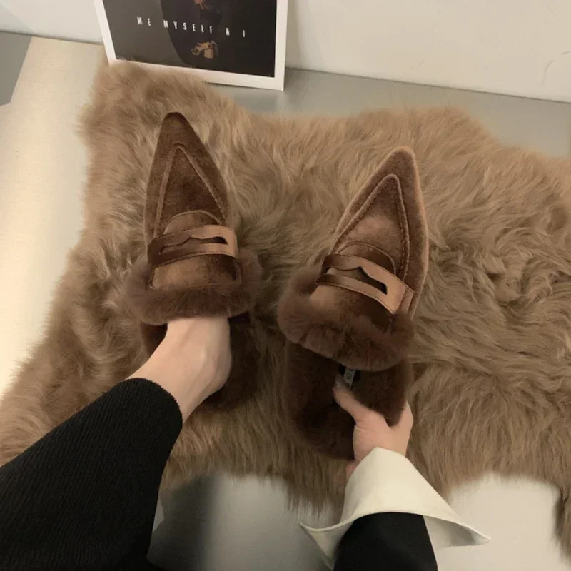 Women Velvet Mules Pointy Toe Slipon Fur Sandals Ladies n Outdoor Furry Slides Evening Party Heeled Shoes 250218