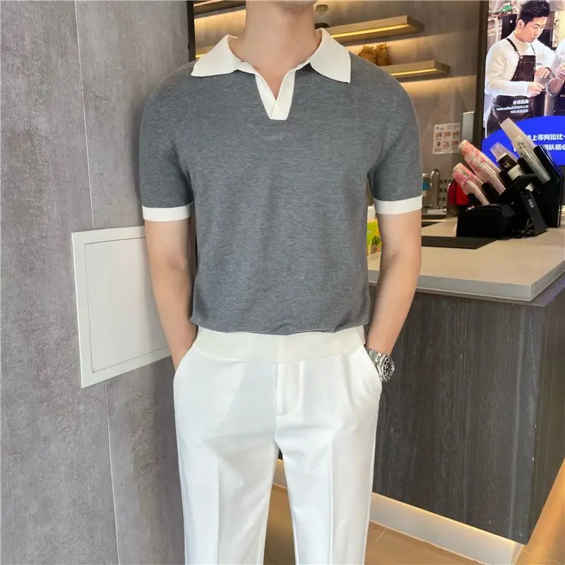 Summer Lapel Breathable Short Sleeve Temperament Mens Clothing Slim Korean Version Solid Color Trend Knitted POLO Shirt 250222