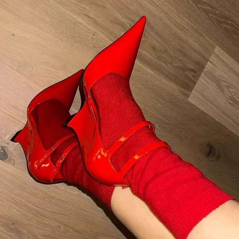 Elegant Red Patent Leather Wedges High Heels Women Sexy Pointed Toe Pumps Fashion Double Buckle Strap Ladies Party Dress Shoes