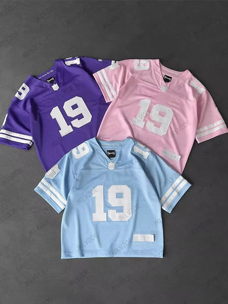 Summer Women Football Jerseys Y2k Casual Loose V-Neck T-Shirts Harajuku Short Sleeve Streetwear Breathable Unisex Tops 250222
