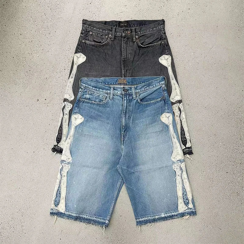 Men Vintage Bone Blue Denim Shorts Summer Casual Loose Jeans Shorts Retro Harajuku Streetwear Hip Hop Y2K Shorts Man y2k pants 250222