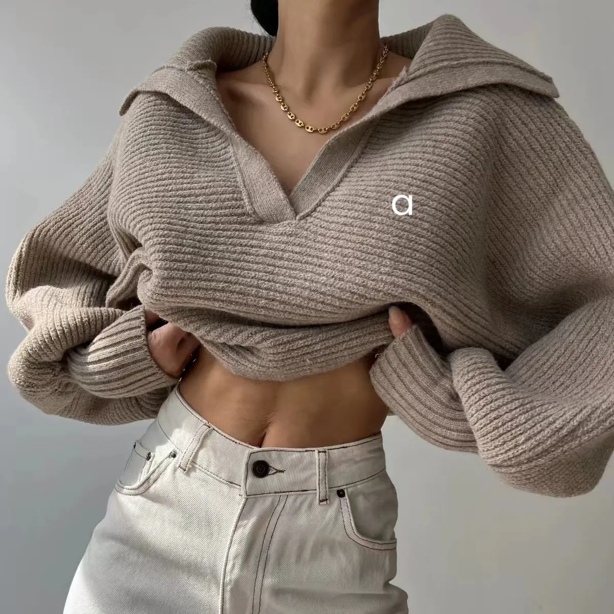 21138 Women Pullover Fiess Autumn Sweater Woolen Knit Outdoor Jogging Loose Womens Long Sleeve Sweatshirts Turn-Down Collar