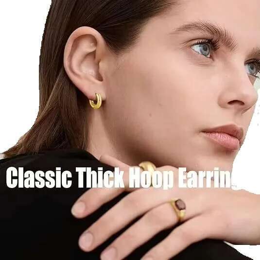 Women's hot pure 14k white gold earrings, thick Hie sier hoop, small fashionable and exquisite earrings