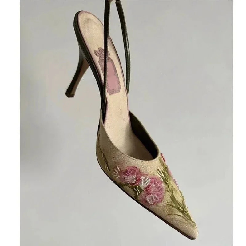 Embroidered High Heel Sandals Women Elegant Slingback Sandals Summer Pointed Toe Pumps Dress Shoes Women Zapatos De Mujer 250222