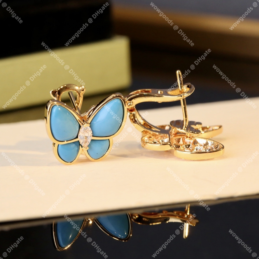 Designer Stud Earrings for Women Luxury Jewelry Two Butterfly Earrings Turquoise White Mother Of Pearl Lapis lazuli Diamond set 18K Gold Plated Ladies Jewelry Gift
