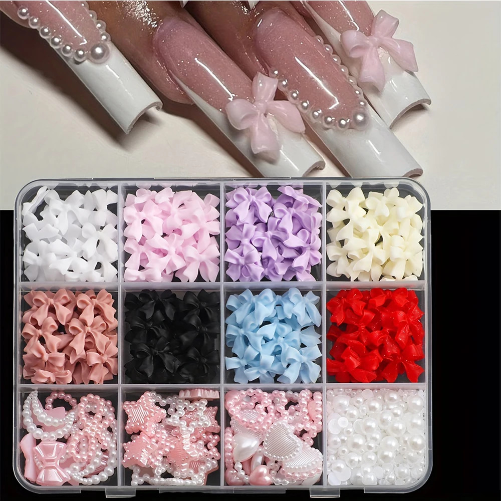 3D Nail Art Decoration Kit with Resin Bows Flat Back Pearls and Assorted Shapes Unscented DIY Craft Embellishments 250217