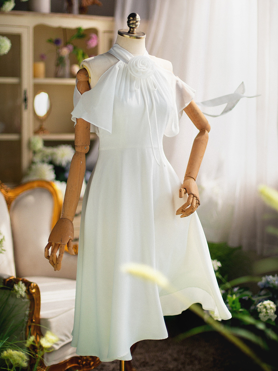 A2140 Small design sweet gentle pure fairy off-shoulder halter neck ribbon chiffon live two-wear dress