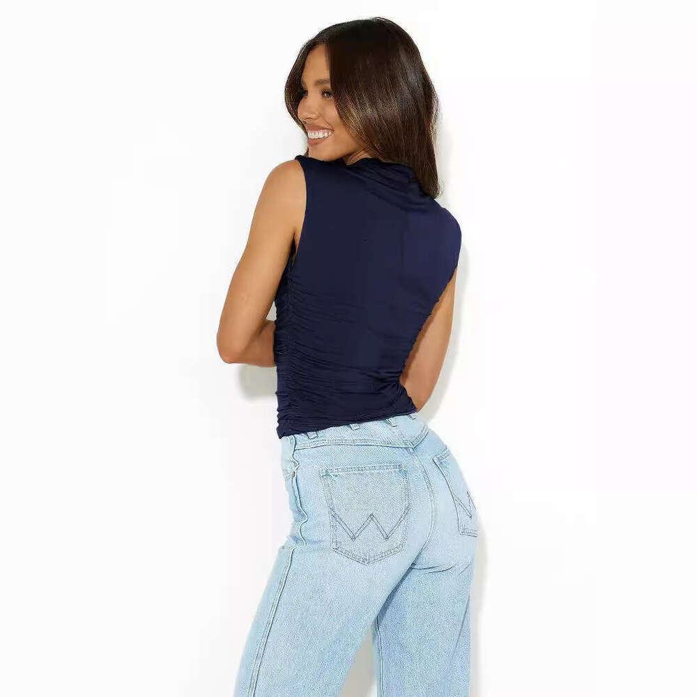 Fashionable sexy women's high neck sleeveless temperament small tank with pleated and versatile bottom short top