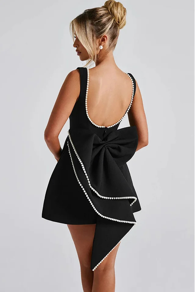 Spring Summer Women Pearl Bow Backless Sexy Mini Dress Fashion Zipper Sleeveless High Waist A-line Club Party Outfit 250222