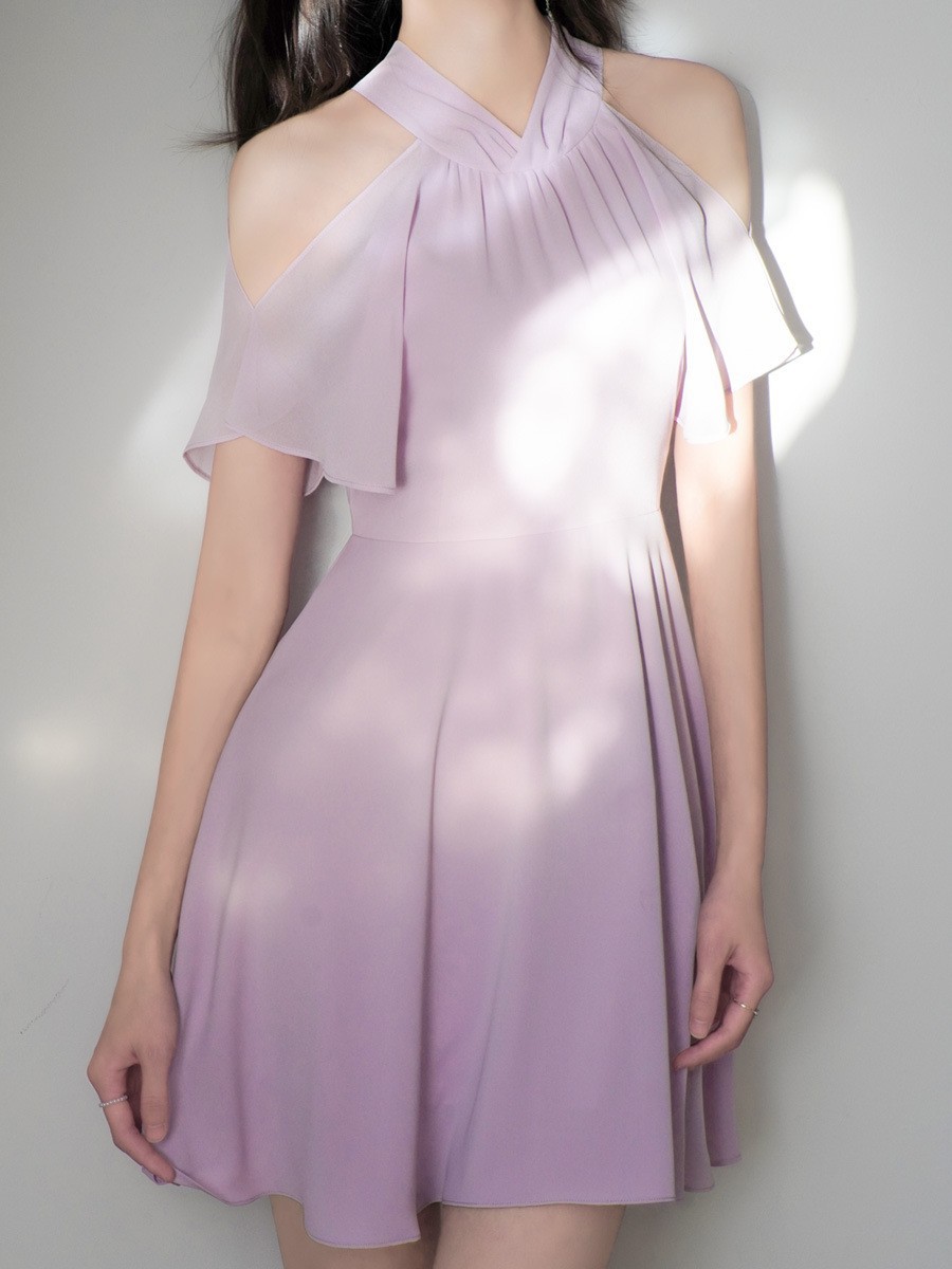 A2140 Small design sweet gentle pure fairy off-shoulder halter neck ribbon chiffon live two-wear dress