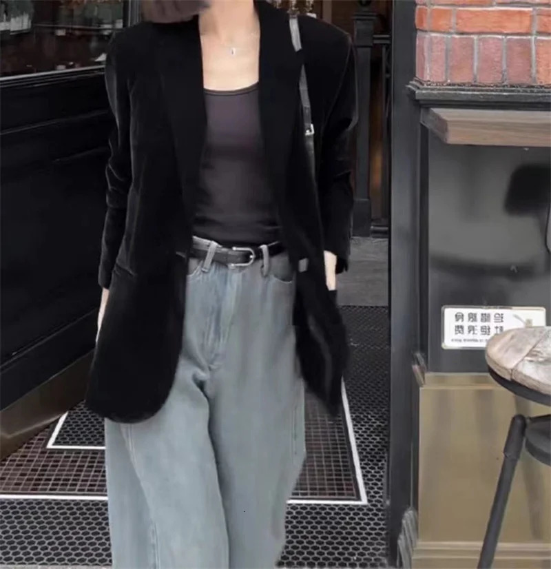 Autumn Black Velvet Womens Blazer Fashion Long Sleeve Single Button Casual Loose Temperament Suit Top Female Outerwear 250213