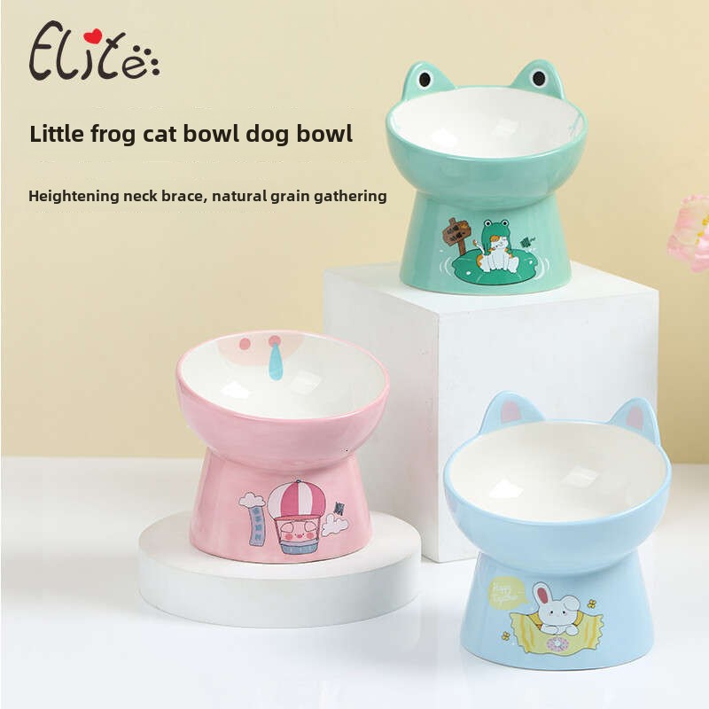 Animal shaped Frog High footed Ceramic Pet Diagonal Mouth Neck Protection Cat Cartoon Pig Rabbit Dog Bowl