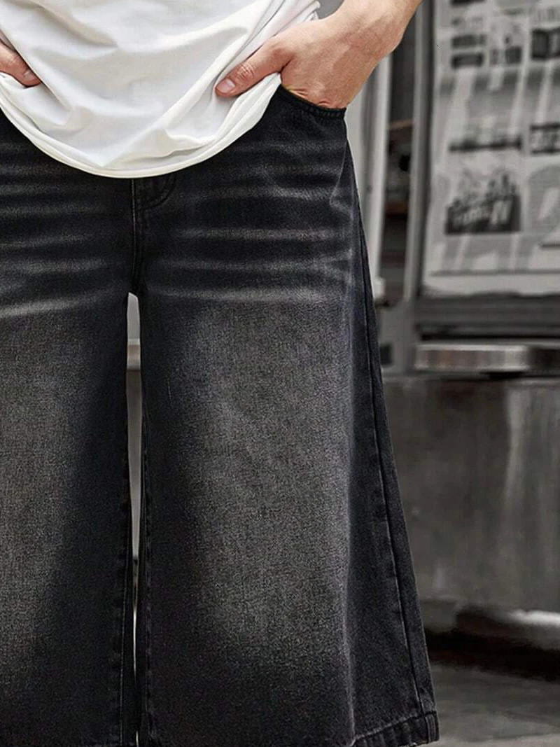 ReddaChic Men Streetwear Baggy Jorts Low Waist Cropped Black Jeans Distressed Y2k Casual Wide Pants Denim Shorts Male Trousers 250222