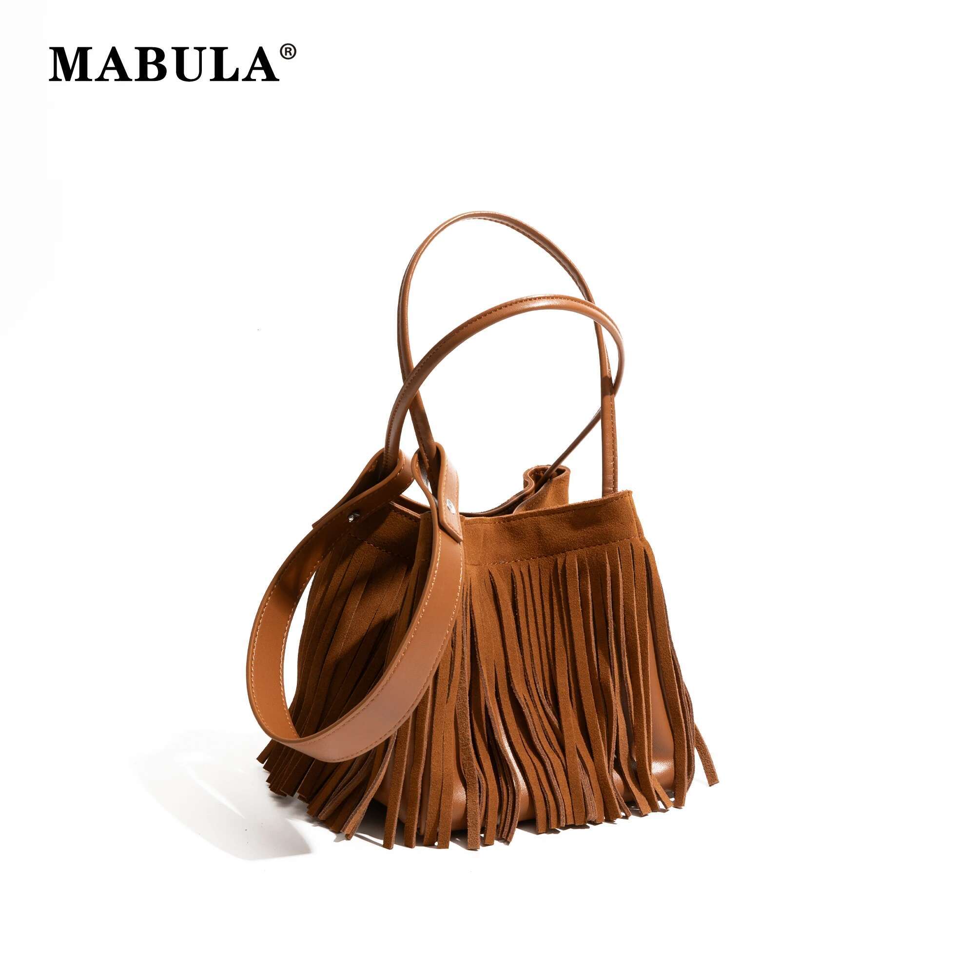 MABULA Retro Suede Genuine Leather Tassel Basket Handbag Design Removable Strap Stylish Shopping Ladies Shoulder Bag