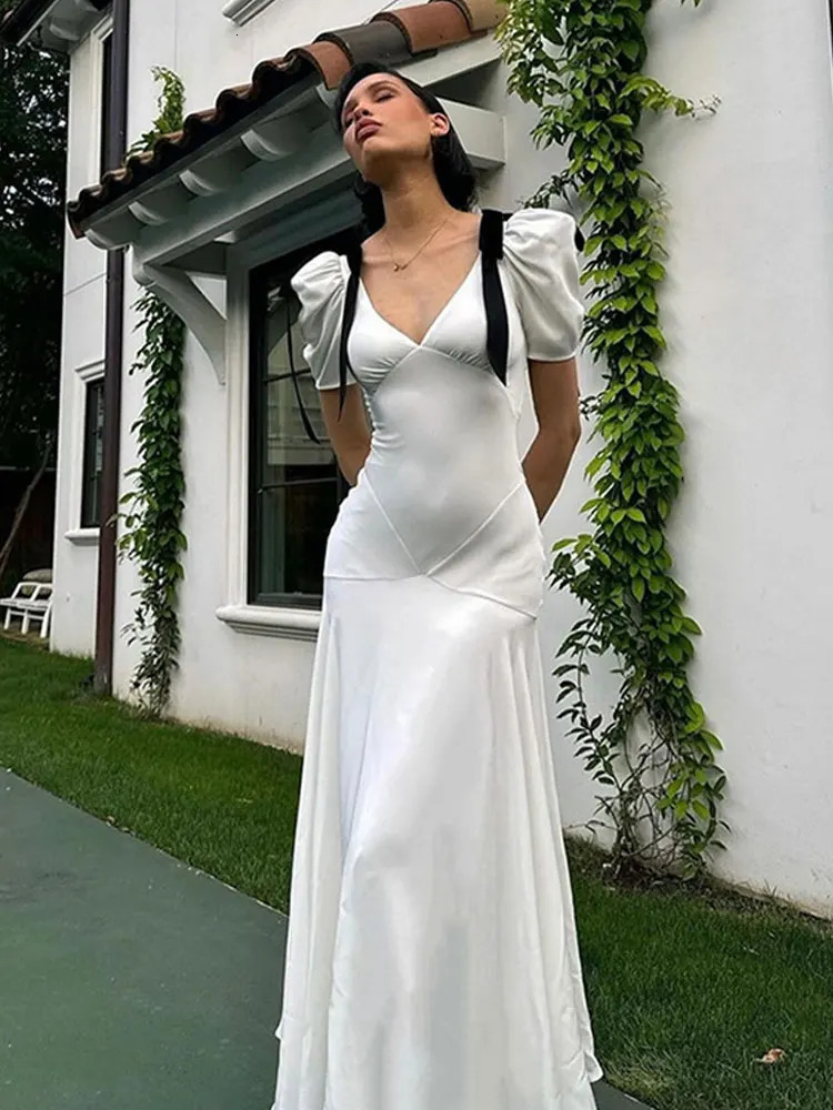 Vintage White Shoulder Bow Long Dress Women Fashion V Neck Puff Sleeve Maxi Curvy Dresses Elegant Ribbon Office Lady Party Trend 250222